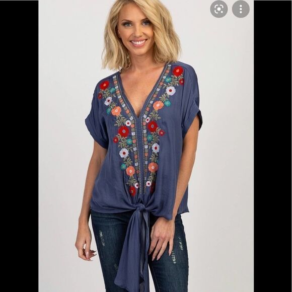 Entro Embroidered Floral Tie Front Top S - Picture 1 of 7